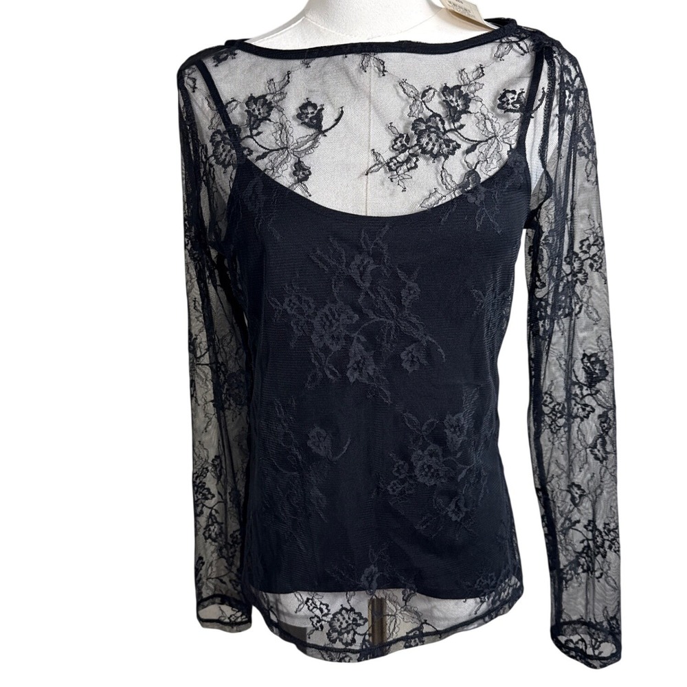 A New Day Womens Black Floral Lace Long Sleeve Top with Camisole Lining Small